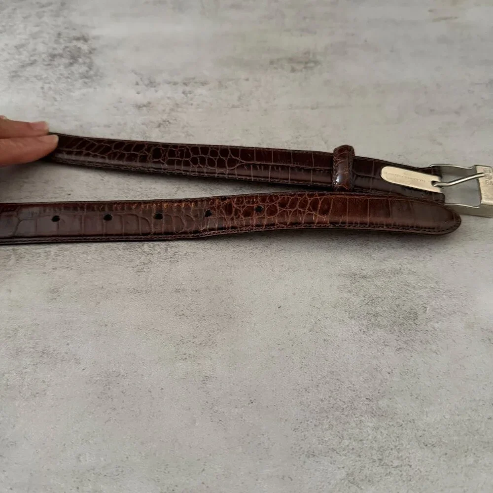 Vintage Ralph Lauren Brown Leather Embossed Crocodile Belt Silver Tone Buckle M